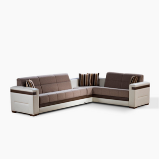 Moon sectional sofa with tailored tufting, storage, and a convertible queen-sized sleeper bed.