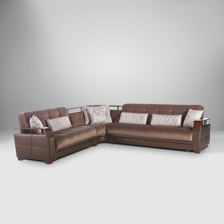 Natural sectional sofa with leatherette exterior, raised wood armrests, and spacious seating.