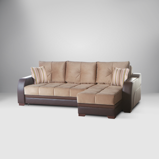 Ultra Collection modular sectional with chaise lounge and matching armchair in two-tone fabric and leatherette exterior.