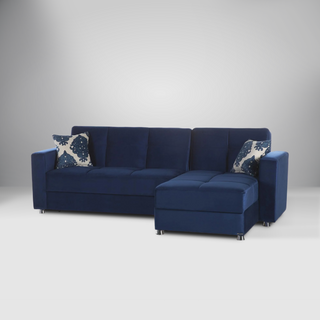 Elegant royal blue sectional sofa with modular chaise lounge and built-in storage for modern homes.