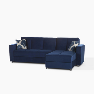 Velvety blue Bellona Elegant Sectional transforming into a queen-sized sleeper with customizable seating.