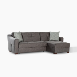 Modern Serenity sectional with button-tufted design, built-in storage, and queen-sized sleeper function.