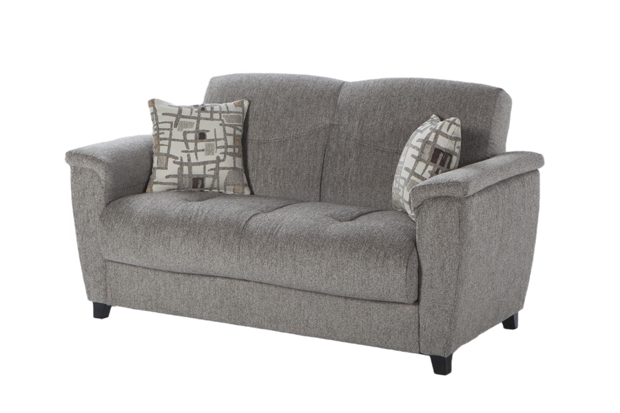 The Aspen Loveseat showcases a modern design with rich leatherette upholstery and diamond piping.