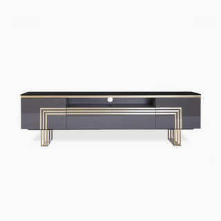 Modern Carlino TV Stand featuring bold textures, two-tone design, and durable craftsmanship for media organization.