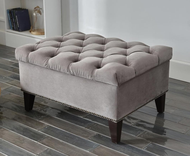 Luxurious Cecilia Storage Ottoman upholstered in velvety performance fabric, perfect for both storage and style.