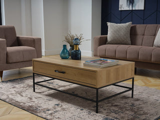 The Drift Coffee Table’s wrought iron legs provide a sharp contrast and industrial flair.