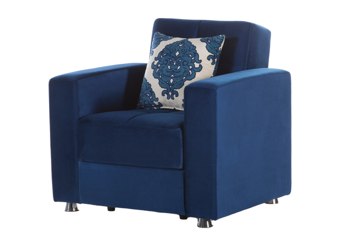 The Elegant Armchair in royal blue offers sophistication with its velvet upholstery and tailored tufting.