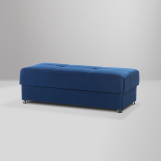 Elegant Ottoman with royal blue velvet fabric, chrome legs, and spacious storage for a functional and stylish addition