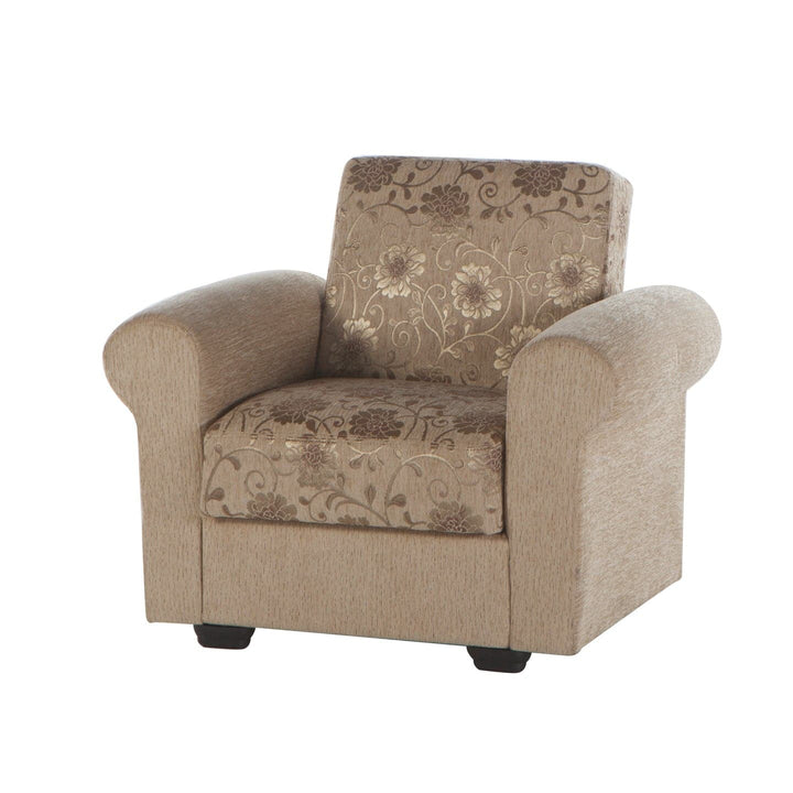 Modern elegance of the Elita Armchair featuring soft fabric and sleek lines.