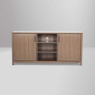 Emory Media Console with two doors, natural wood finish, and three-tiered shelving for versatile storage and display.