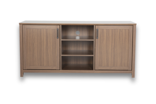 Emory Media Console showcasing sleek gunmetal hardware and a natural wood finish.