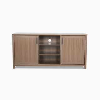 Modern Emory Media Console featuring gunmetal hardware and rear-facing cord cutouts for seamless media setup.