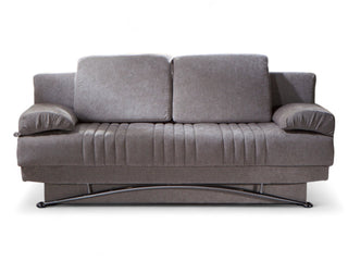 Contemporary Fantasy Sleeper Sofa with tailored pleating and a curvy chrome crossbar.