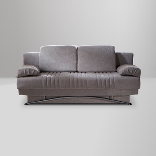 Fantasy sleeper sofa with bold pleating, curvy chrome crossbar, and built-in storage, perfect for modern interiors