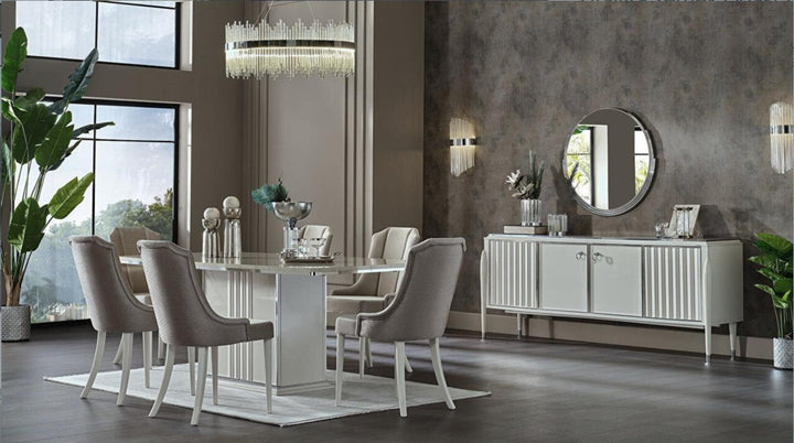 Elegant Gravita Dining Room Set with a marble-tempered finish.