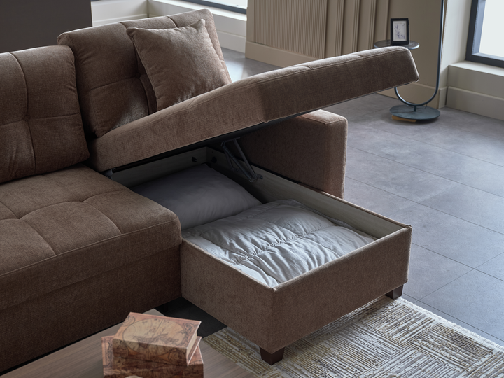 IVY brown sectional providing comfortable seating and a queen sleeper bed with reversible chaise.