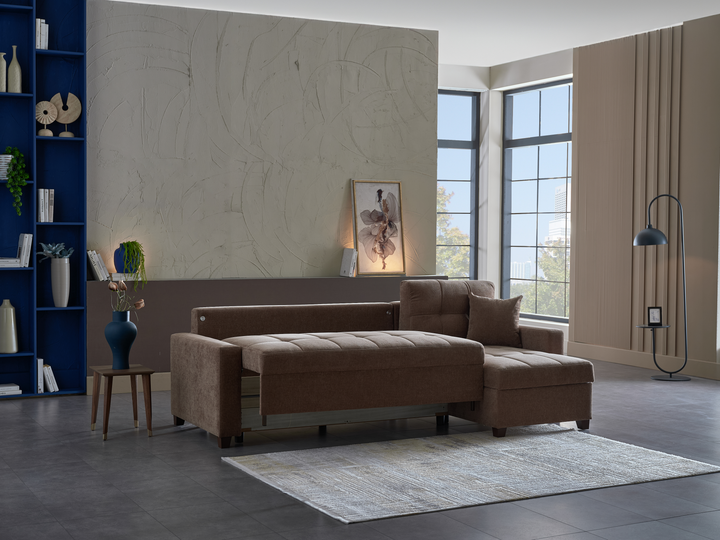 Modern IVY brown sectional with reversible chaise and queen sleeper, designed for any living space.