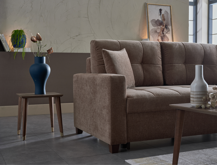 Sleek IVY brown sectional featuring a reversible chaise and queen sleeper bed for modern interiors.