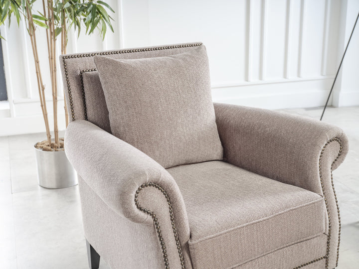 Comfortable Java Accent Armchair with soft cushioning and stylish nail head trimming.