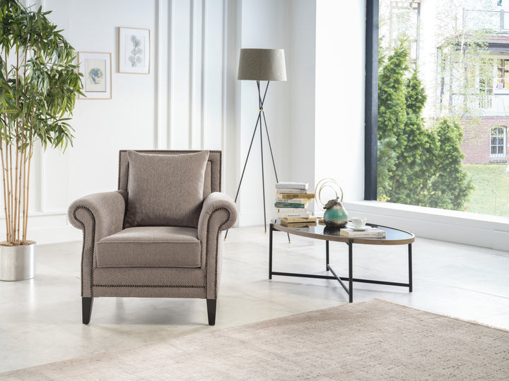 Java Accent Armchair upholstered in luxurious polyester fabric with a traditional wood frame.