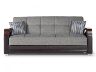 Luna Collection three-seat sofa in a modern design with luxurious leatherette and chenille fabric.