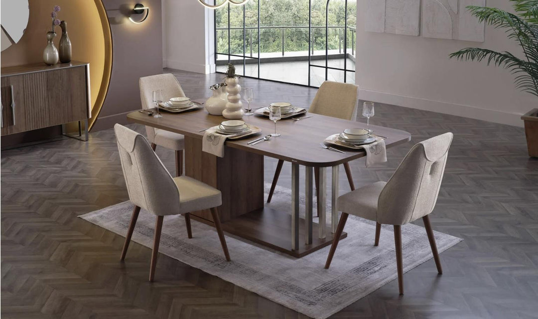 Mirante Dining Room Furniture Set with a chic table, stylish chairs, and spacious buffet, made from durable wood for elegant dining.