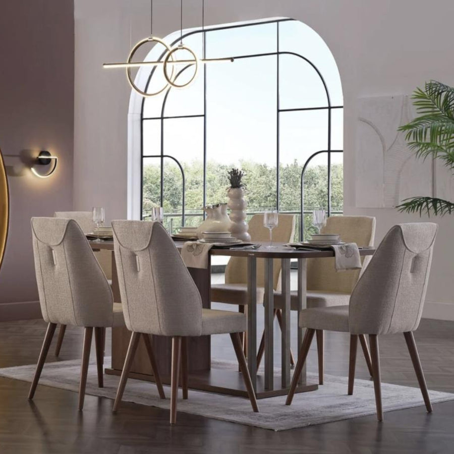 Mirante Dining Room Set featuring a modern design with a table, chairs, and buffet, crafted from high-quality wood for a luxurious dining experience.