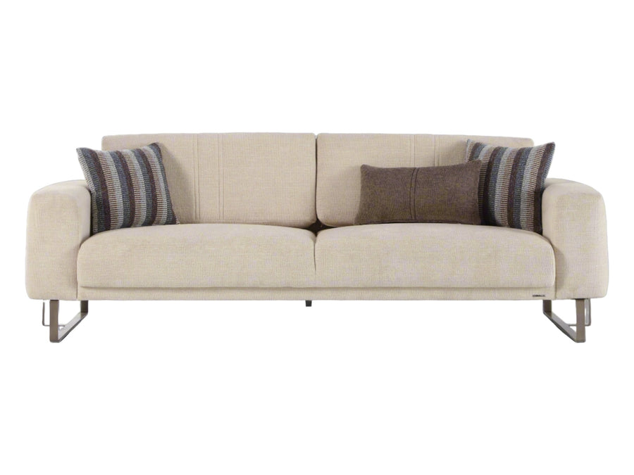 Mirante Convertible Sofa with luxurious soft-touch fabric, rounded edges, and elegant chrome legs, perfect for modern living.