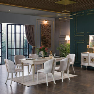 Mistral dining room suite featuring bold colors, chic gold accents, and a combination of style and functionality for an elevated dining experience.