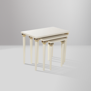 Mistral Nesting Coffee Table in opak white with chic gold accents, adding luxury and functionality to any living space