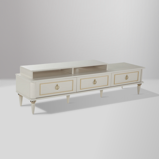 Mistral TV Stand with bold colors, chic gold accents, and ample storage for a luxurious entertainment space