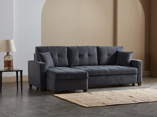 Elegant Mocca Sectional with sophisticated fabric and sponge filling, converting into a queen-sized bed for stylish comfort.