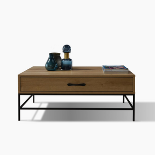 Modern Drift Coffee Table featuring contrasting tones and ergonomic handle drawer for TV remotes and magazines