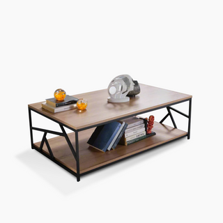 Bold Whimsy Coffee Table with light finished wood tabletops and striking metal frame design.