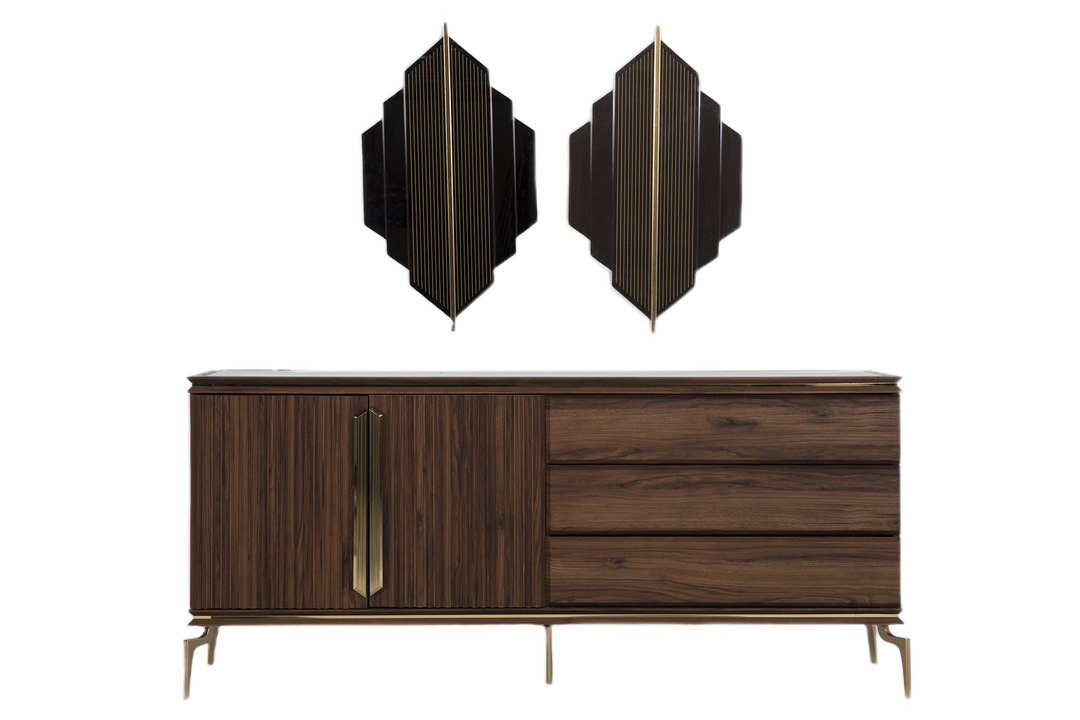 Modern Retro Montego Buffet Mirror with stylish earthy tones, gold metal legs, and practical storage, perfect for enhancing your dining area.