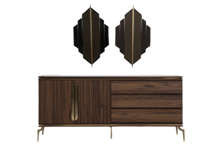 Modern Retro Montego Buffet Mirror with stylish earthy tones, gold metal legs, and practical storage, perfect for enhancing your dining area.