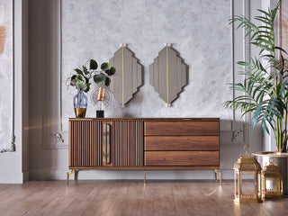 Montego Buffet Mirror with vintage charm, featuring earthy tones, chic gold accents, and ample storage in a marble-tempered finish.