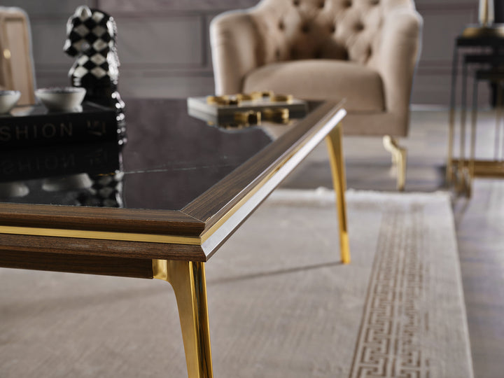 Elegant Montego Coffee Table with a marbled surface, chic gold accents, and a retro-modern design, perfect for any living room.