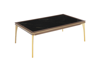 Stylish Montego Coffee Table with a retro silhouette, Montego Walnut finish, and luxurious marble surface with gold accents.