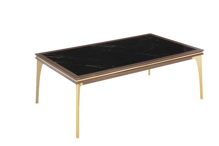 Stylish Montego Coffee Table with a retro silhouette, Montego Walnut finish, and luxurious marble surface with gold accents.