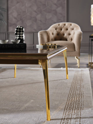 Montego Coffee Table with a luxurious marble surface and retro-inspired design, featuring a Montego Walnut finish and gold accents.