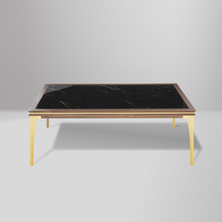 Montego coffee table with retro silhouette, walnut finish, and marbled surface with chic gold accents for a luxurious touch