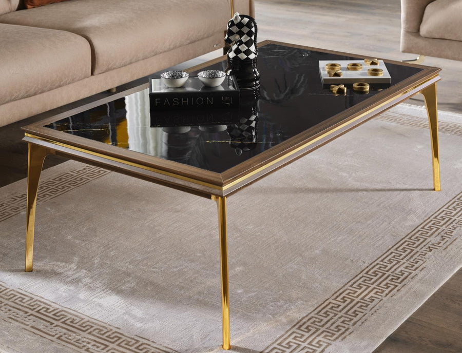 Montego Coffee Table featuring a retro silhouette and modern functionality, with a Montego Walnut finish and chic gold accents.