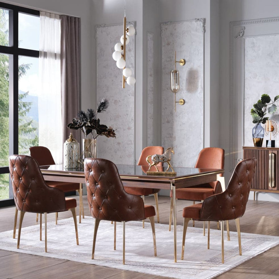 Montego Concept, an exclusive furniture suite featuring retro designs with modern functionality, including tables, chairs, and storage solutions in rich earthy hues and chic gold accents.