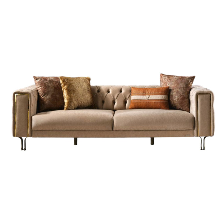 Montego Concept featuring retro-inspired furniture with chic gold accents and modern functionality. Sofa, loveseat, and armchair available.