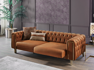 Stylish Montego Sofa with retro design and modern features. Rich polyester fabric, solid wood frame, and a sleeper function make it a cozy and practical addition to your home.