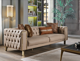 The Montego Sofa features sophisticated retro design with modern functionality. Its rich polyester upholstery and sleeper feature make it a chic and practical choice for your living area.