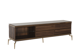 Chic Montego TV Stand with retro silhouette and gold accents. Montego Walnut finish adds elegance and ample storage for your living room.