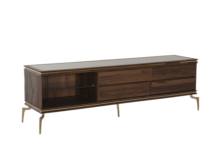 Chic Montego TV Stand with retro silhouette and gold accents. Montego Walnut finish adds elegance and ample storage for your living room.