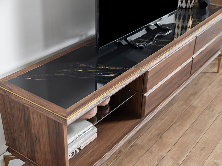 Luxurious Montego TV Stand featuring retro design, Montego Walnut finish, and chic gold accents. Stylish and practical for any living room.